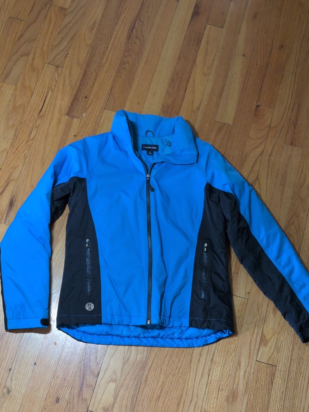 Lands' End women's Bright Blue and Black Softshell Ski Jacket hidden hood XS
